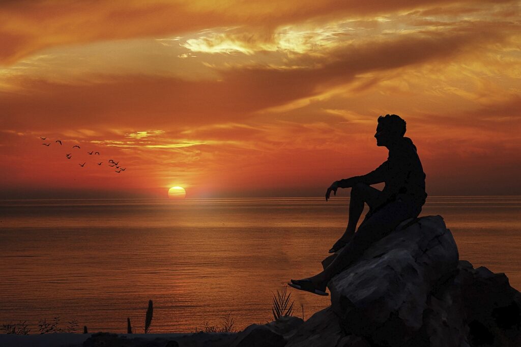 manipulation, sunset, sunrise, boy, thinking, rock, silhouette, birds, brown thinking, nature, brown sunrise, brown rock, brown think