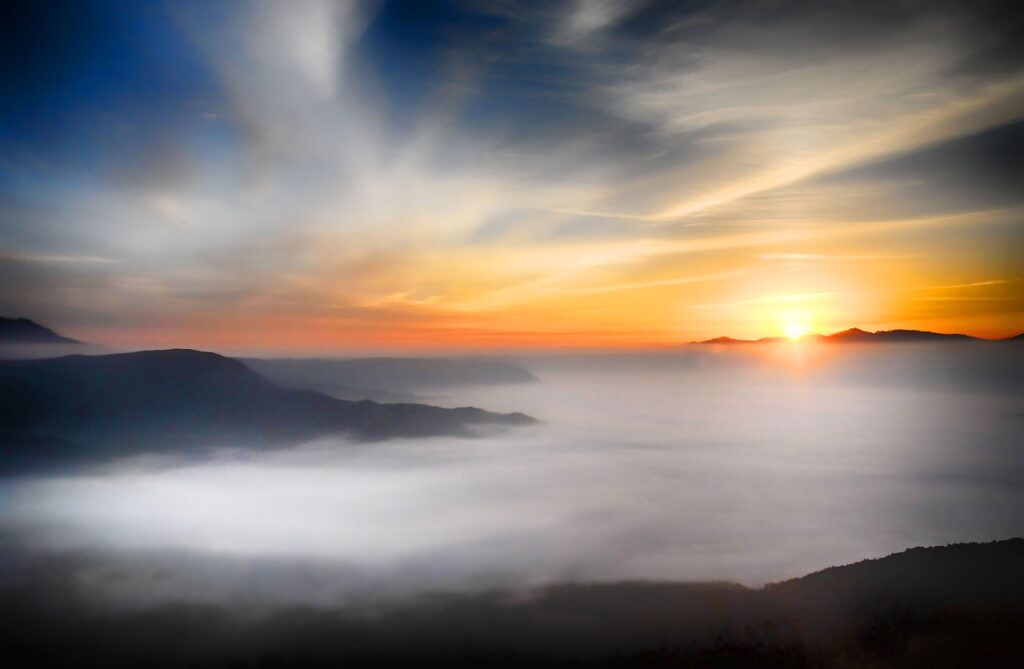 clouds, sunset, fog, mountains, sea of clouds, sunrise, sun, nature, dusk, dawn, twilight, skyscape, mist, atmosphere, weather